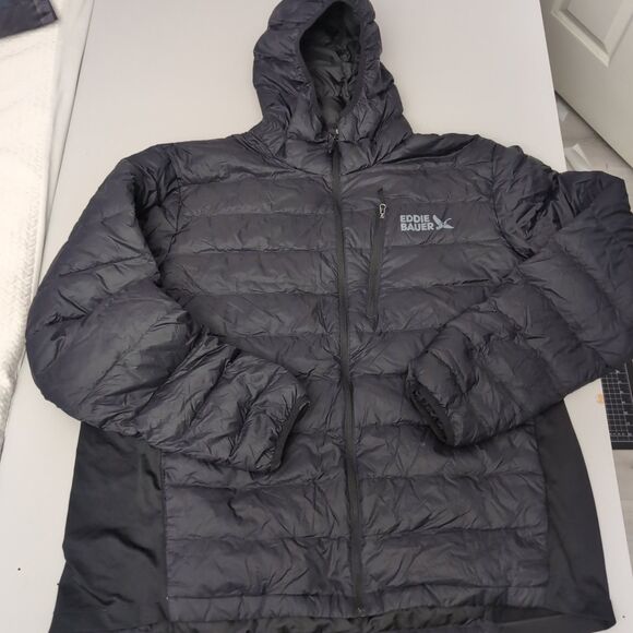 Eddie Bauer Puffer Jacket Men's Size XL Black Lightweight 550 Down Hoodie Jacket - Picture 1 of 4